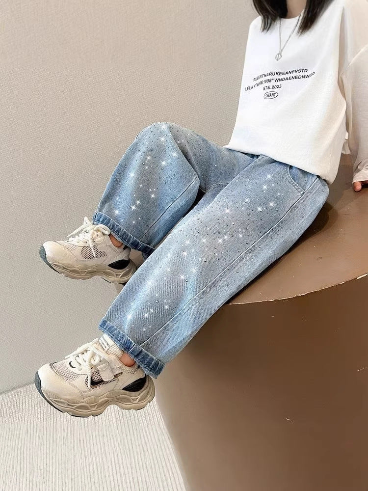 Girls Wide-Leg Rhinestone Jeans, Soft Casual Denim Pants