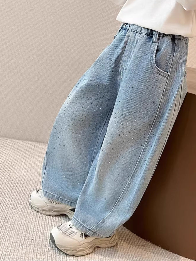 Girls Wide-Leg Rhinestone Jeans, Soft Casual Denim Pants