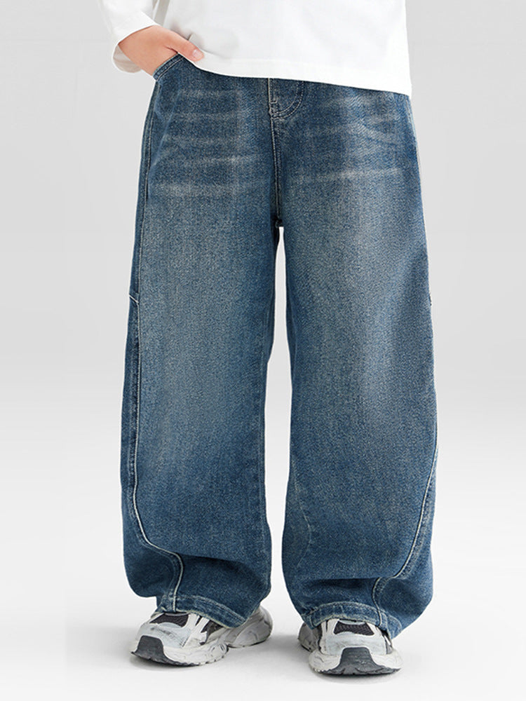 Boys Wide-Leg Straight Denim Jeans, Korean-Style Loose Fit