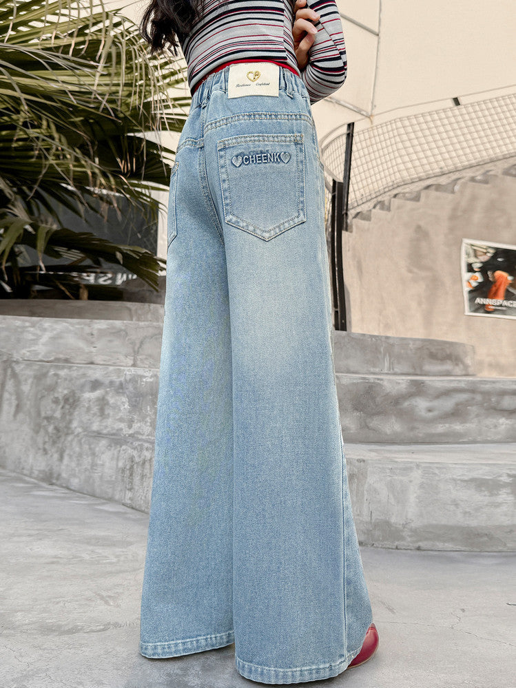 Girls Embroidered Wide-Leg Jeans, Casual Cotton Denim Pants