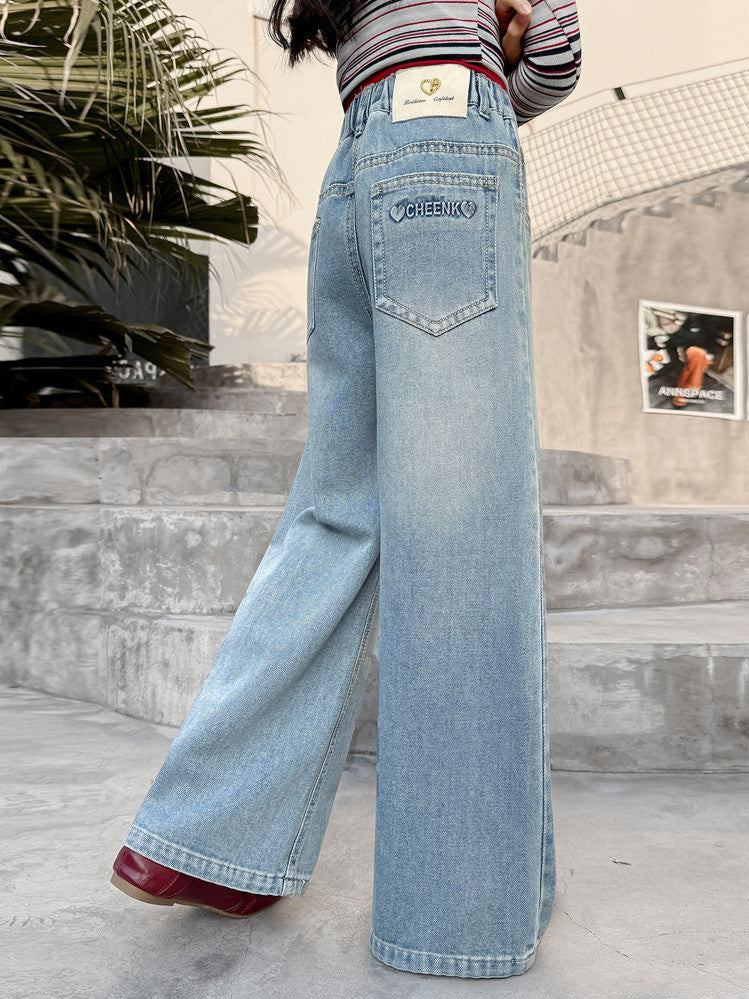 Girls Embroidered Wide-Leg Jeans, Casual Cotton Denim Pants