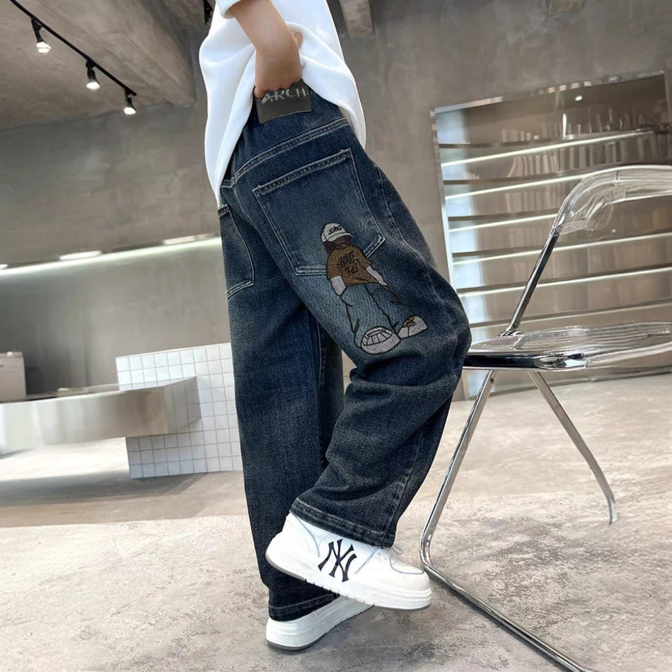 Boys Korean-Style Washed Denim Jeans, Casual Loose Fit