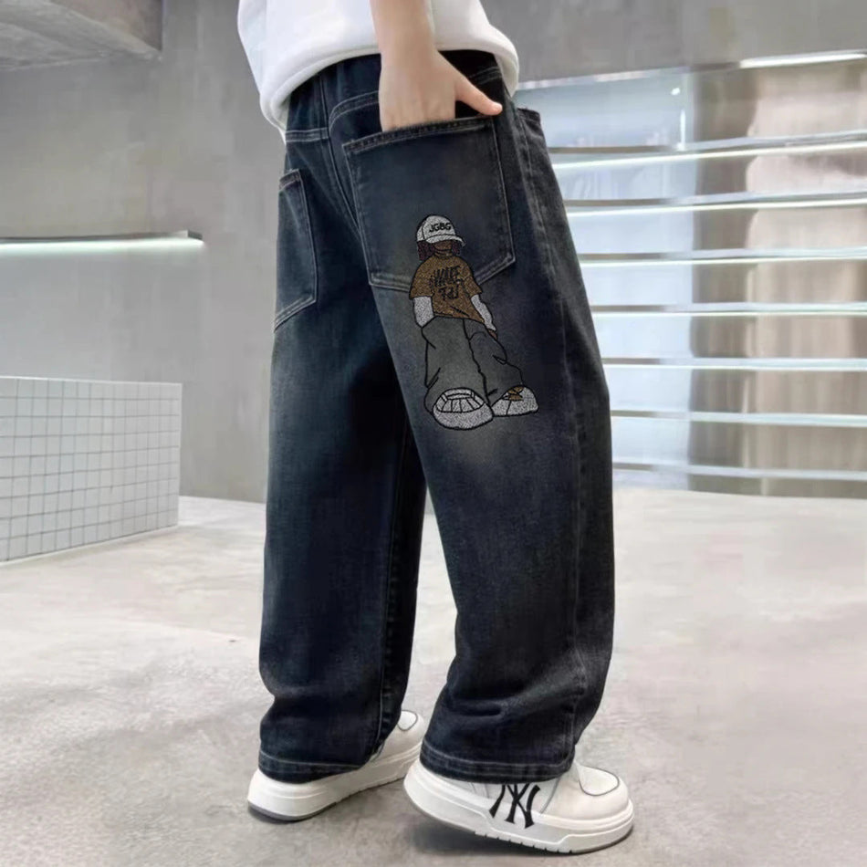 Boys Korean-Style Washed Denim Jeans, Casual Loose Fit