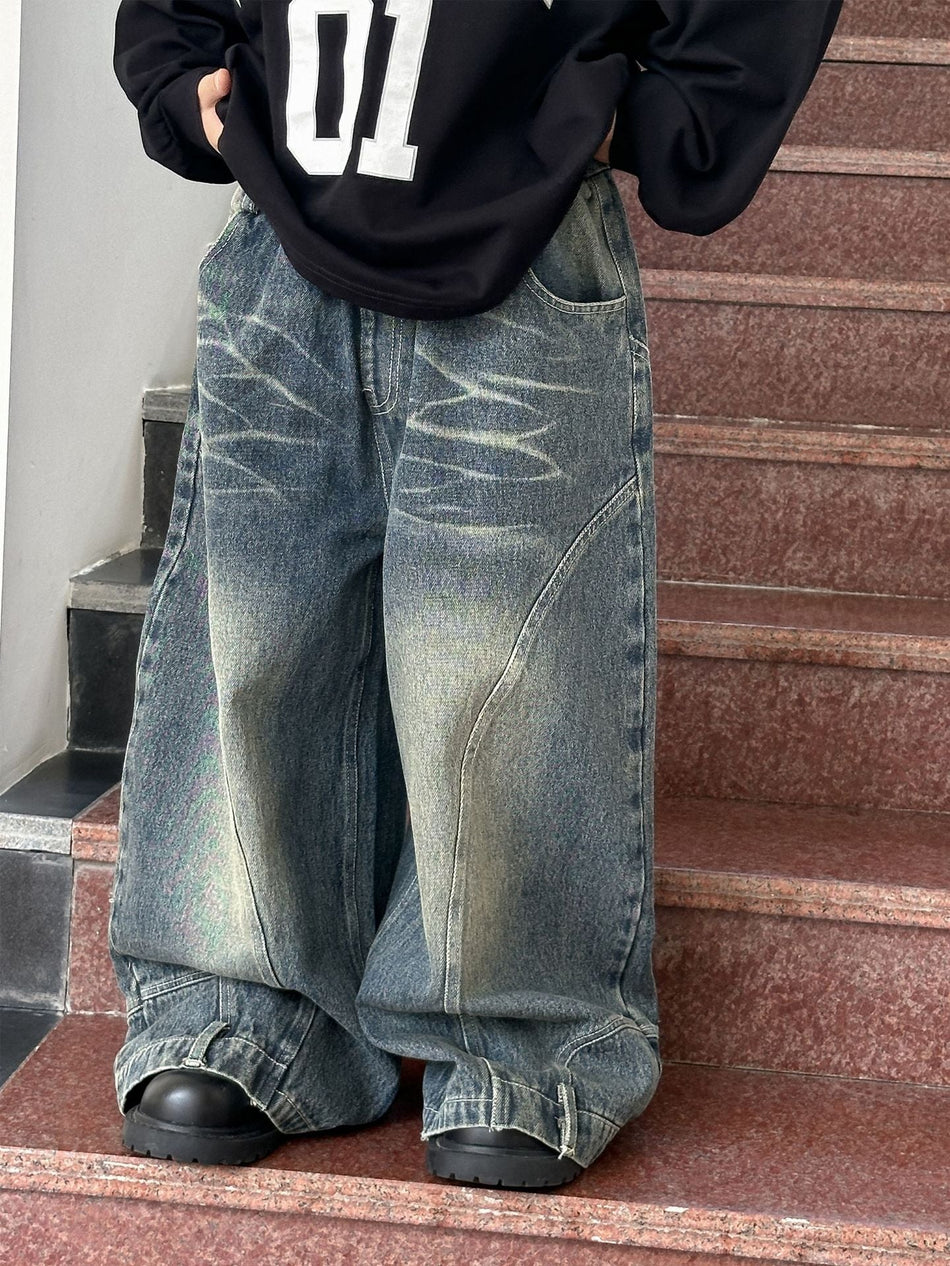 Boys Korean-Style Blue Jeans, Loose Fit Cotton Blend Pants