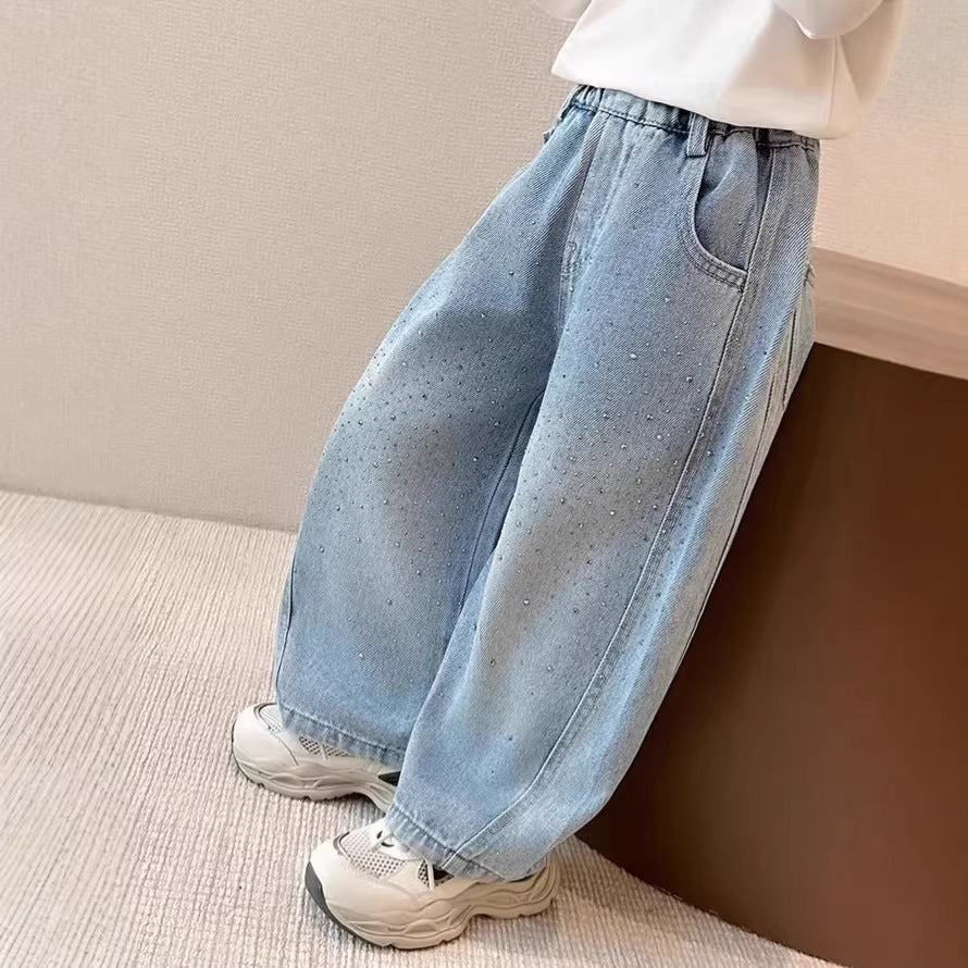 Girls' Rhinestone Jeans Loose Wide-Leg Pants Spring Autumn