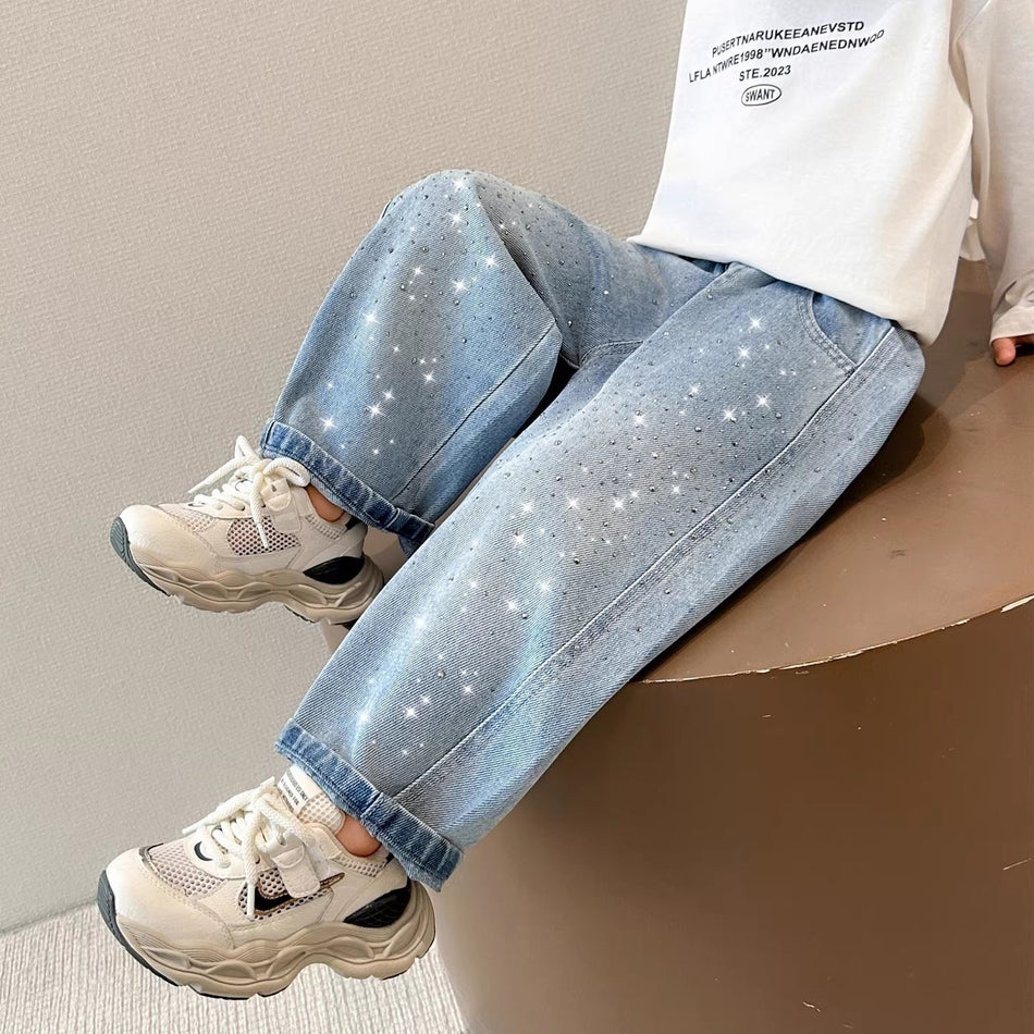 Girls' Rhinestone Jeans Loose Wide-Leg Pants Spring Autumn