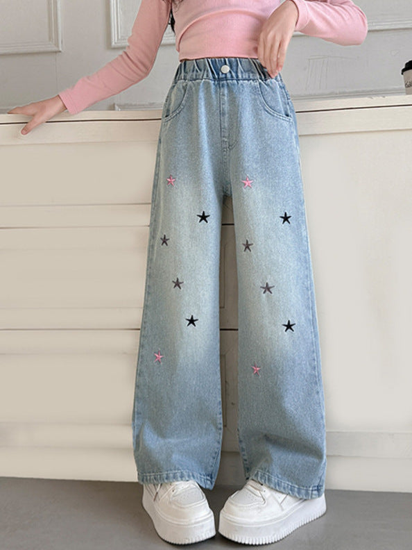 Girls' Embroidered Wide-Leg Jeans Mid-Waist Casual Pants