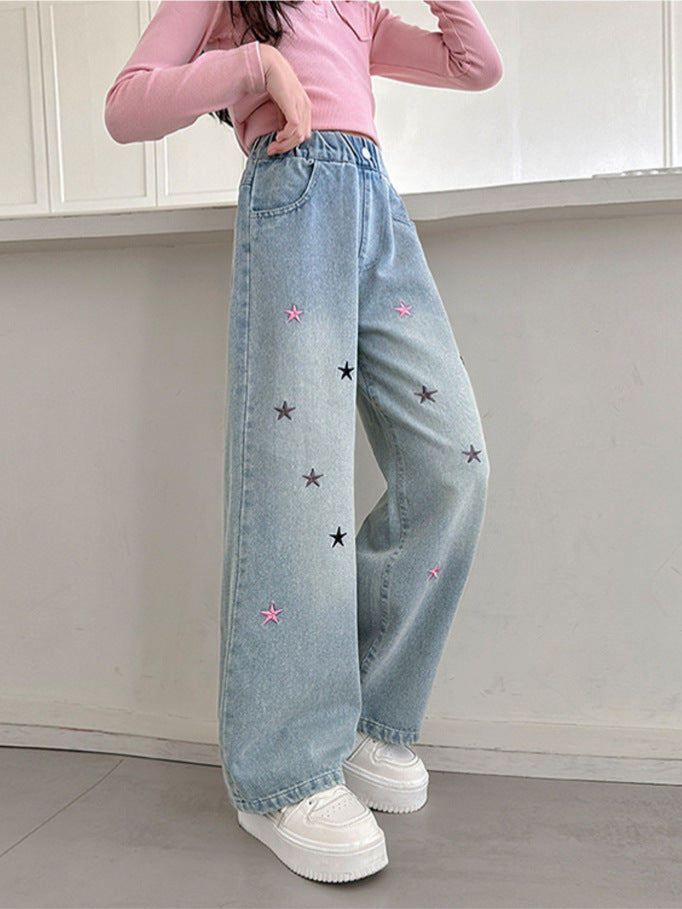 Girls' Embroidered Wide-Leg Jeans Mid-Waist Casual Pants