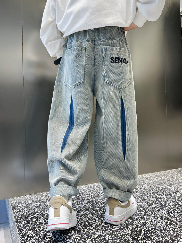 Boys' Cotton Blend Wide-Leg Jeans Mid-Waist Casual Pants