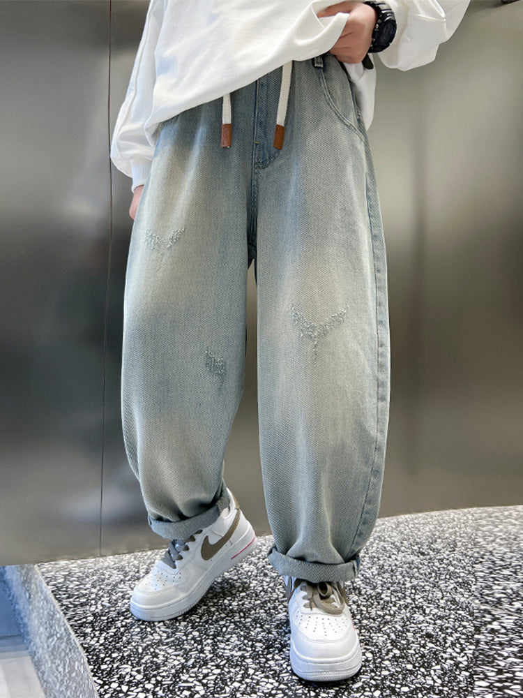 Boys' Cotton Blend Wide-Leg Jeans Mid-Waist Casual Pants