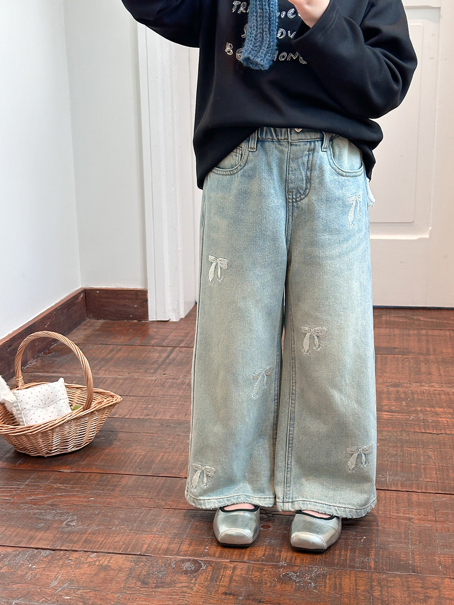 Girls' Embroidered Bow Jeans Cotton Blend Straight-Leg Pants