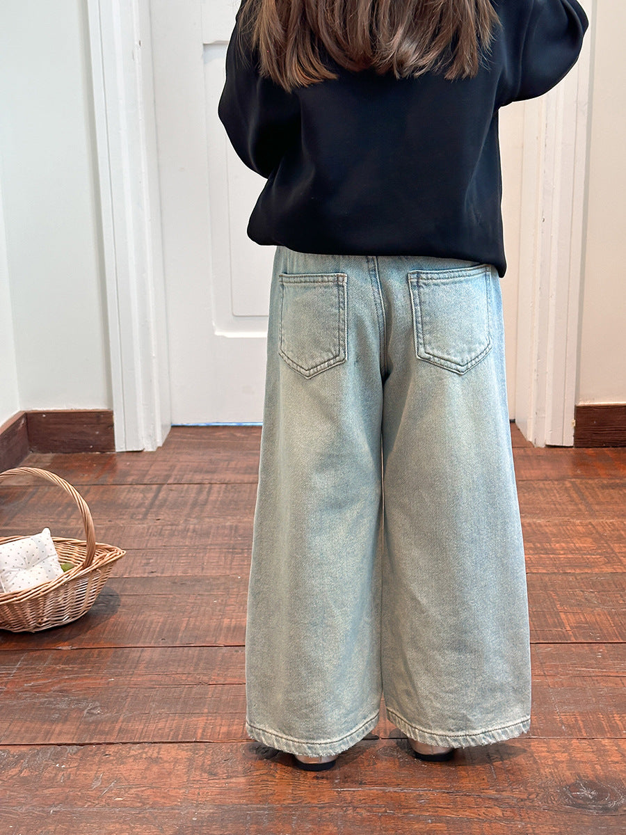 Girls' Embroidered Bow Jeans Cotton Blend Straight-Leg Pants