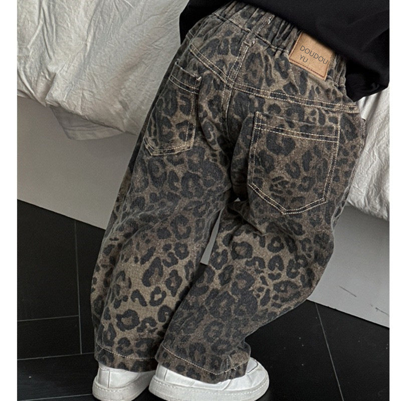 Boys' Cotton Leopard Print Jeans Korean Style Straight Pants