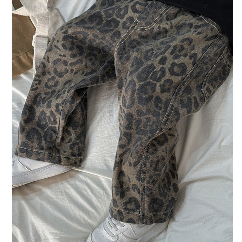 Boys' Cotton Leopard Print Jeans Korean Style Straight Pants