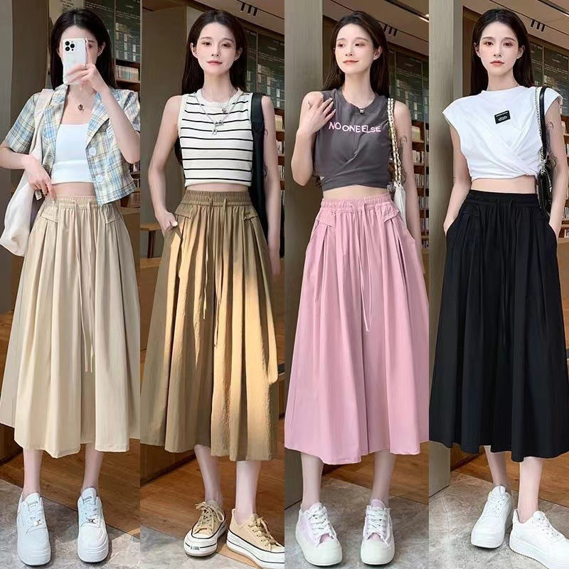 Women's Wide-Leg Ice Silk Culottes, High-Waist Loose Skirt Pants