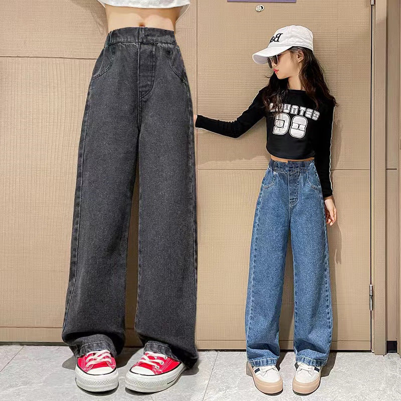 Girls' Cotton Denim Wide-Leg Jeans High-Waisted Korean Style