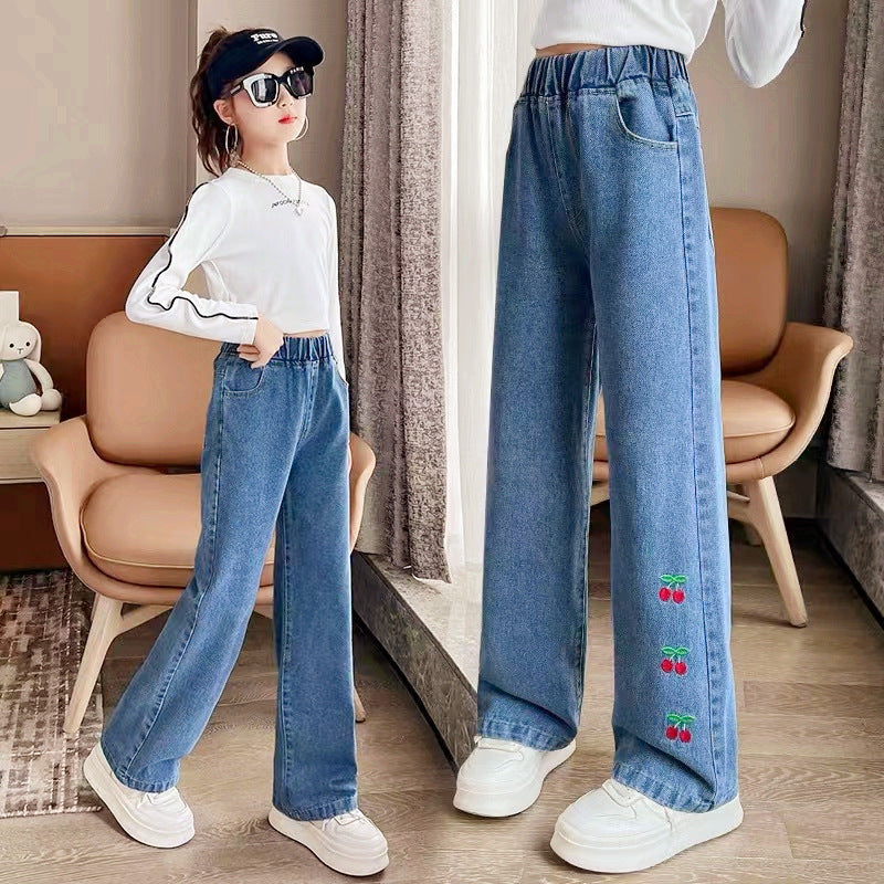 Girls' Cotton Denim Wide-Leg Jeans High-Waisted Korean Style