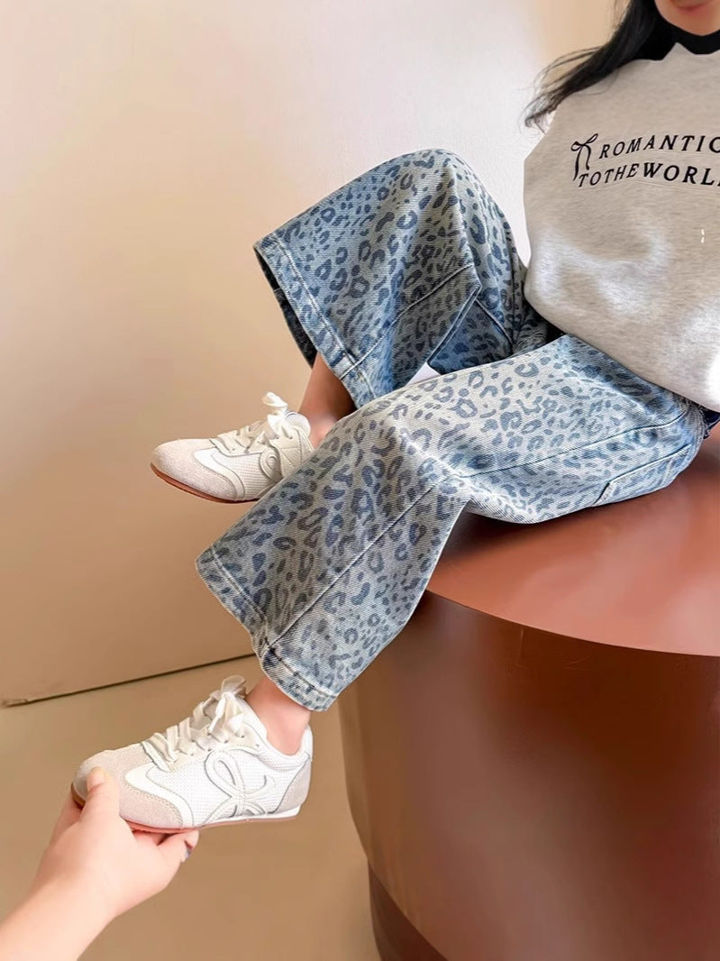 Girls' Leopard Print Denim Wide-Leg Pants Casual Spring Autumn