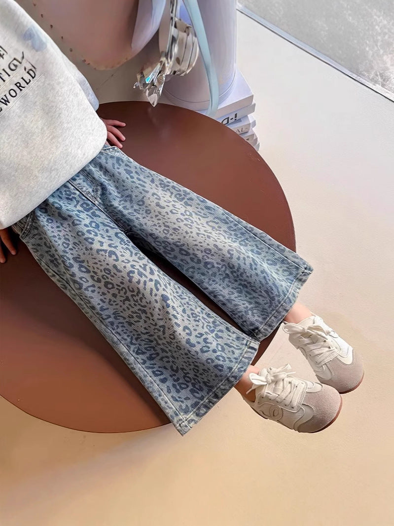 Girls' Leopard Print Denim Wide-Leg Pants Casual Spring Autumn