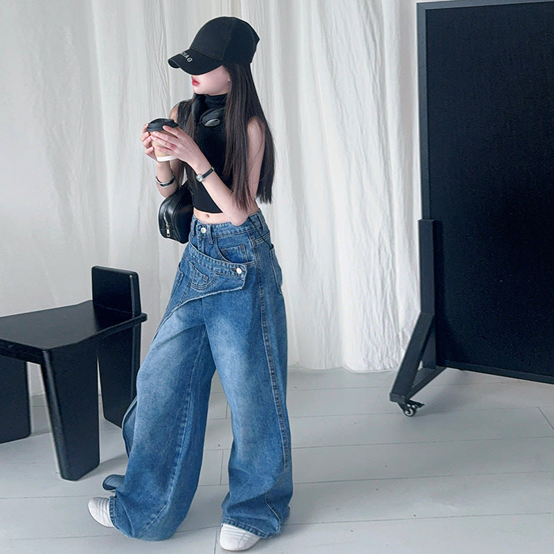 Girls' Asymmetrical Wide-Leg Jeans High-Waisted Retro Denim