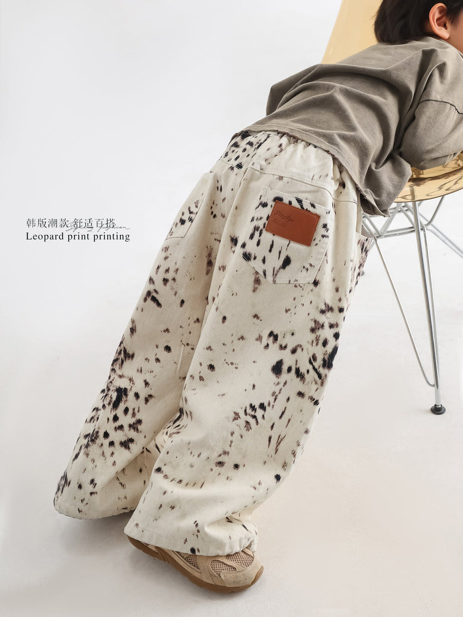 Boys' Leopard Print Cotton Wide-Leg Jeans, Casual Elastic Waist