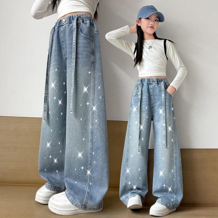 Girls' Rhinestone Starry Sky Wide-Leg Jeans Korean Style