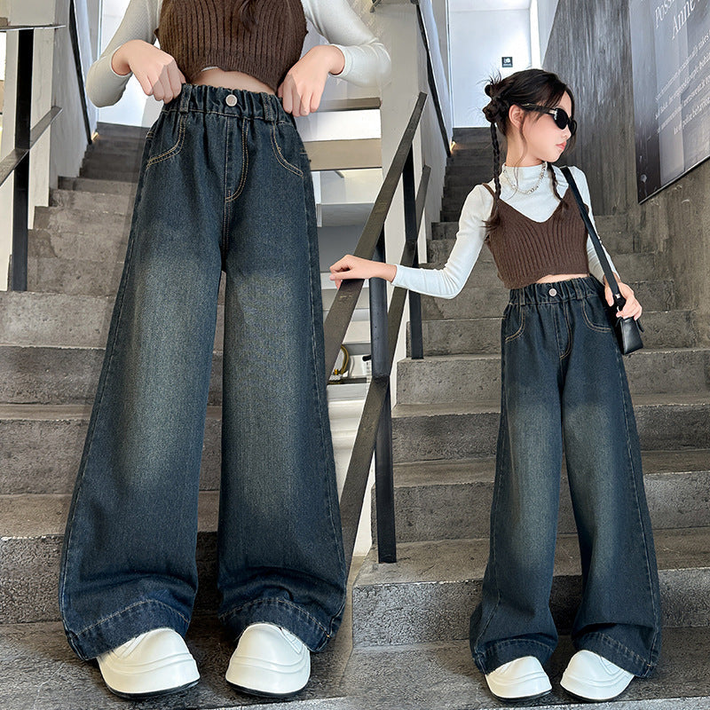 Girls' Cotton Wide-Leg Jeans High-Waisted Korean Style Pants