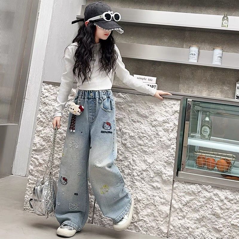 Girls' Cotton Wide-Leg Jeans High-Waisted Cartoon Print Pants