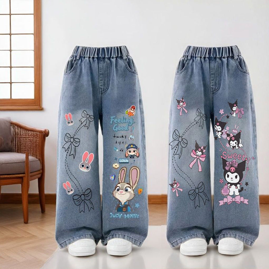 Girls' Cotton Straight-Leg Jeans High-Waisted Spring Autumn Pants