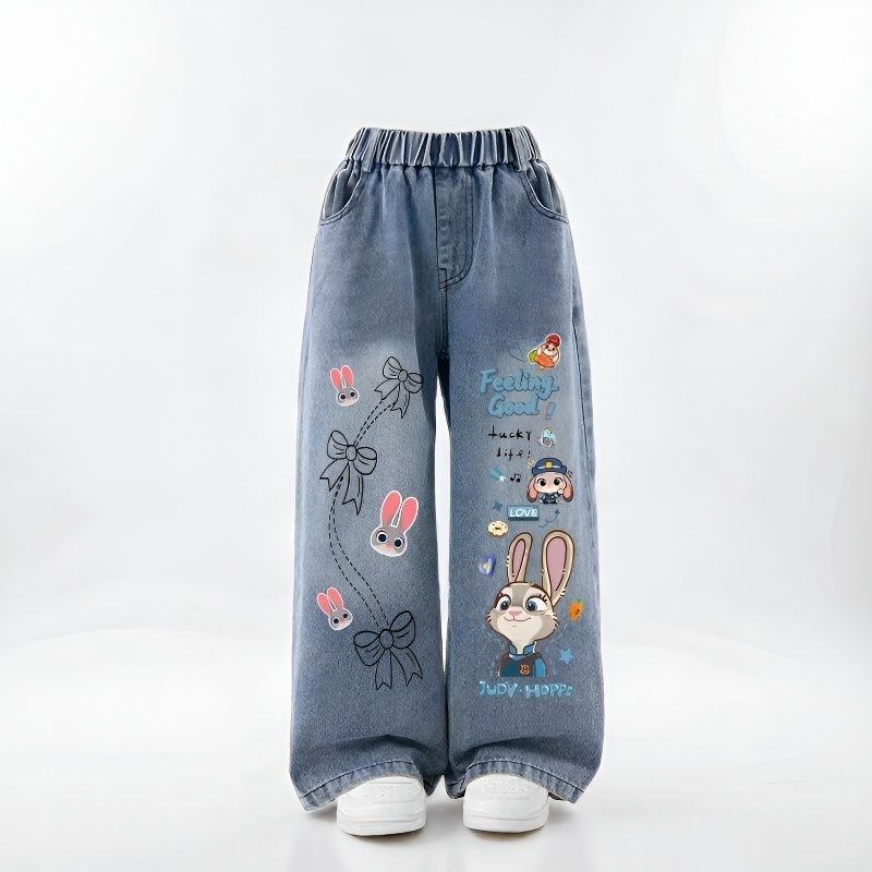Girls' Cotton Straight-Leg Jeans High-Waisted Spring Autumn Pants