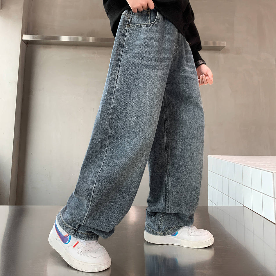 Boys' Cotton Straight-Leg Jeans Casual Spring Autumn Trousers