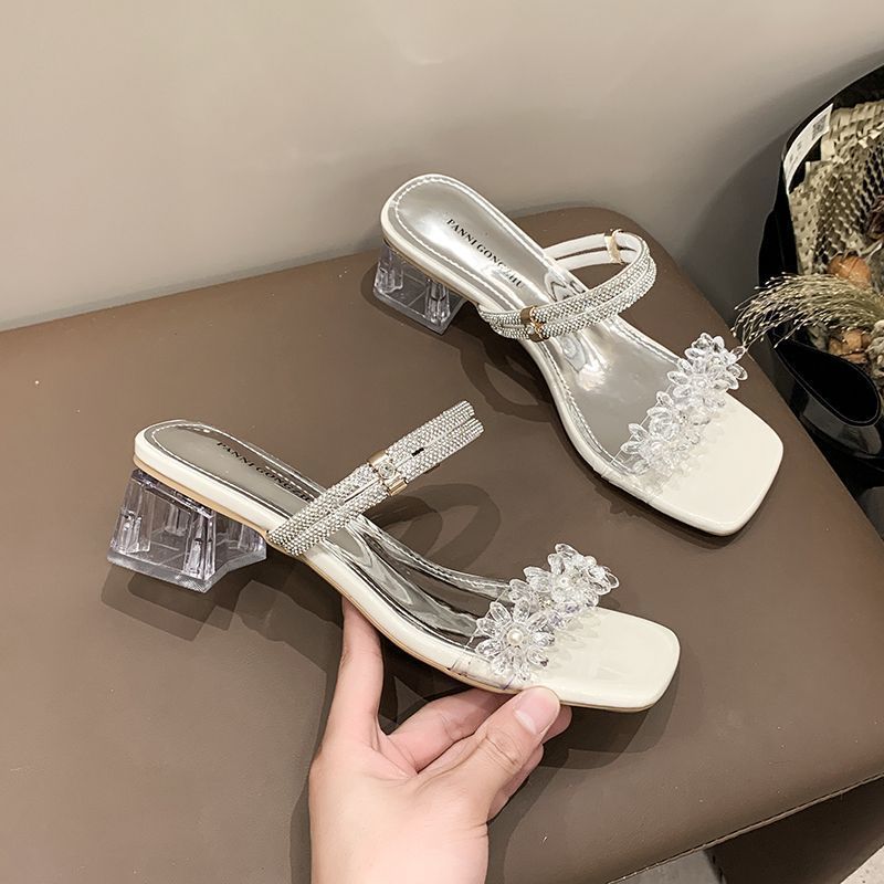 Women's French Floral Rhinestone Sandals, Square Heel Open Toe