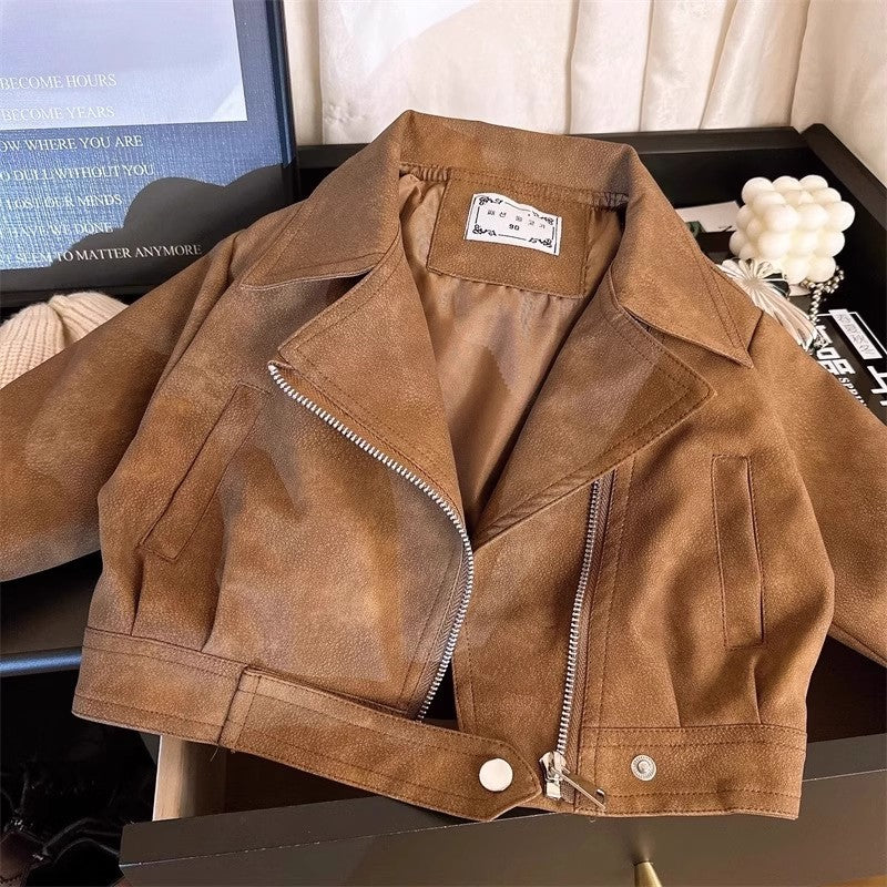 Girls' Brown Faux Leather Biker Jacket Korean Style Autumn Coat