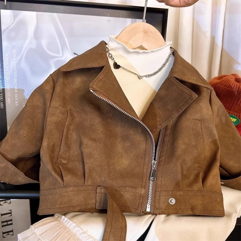 Girls' Brown Faux Leather Biker Jacket Korean Style Autumn Coat