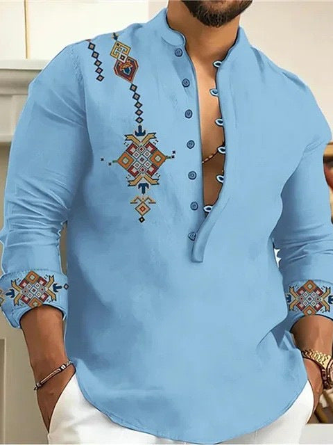 Men's Printed Stand Collar Cotton Linen Long Sleeve Shirt