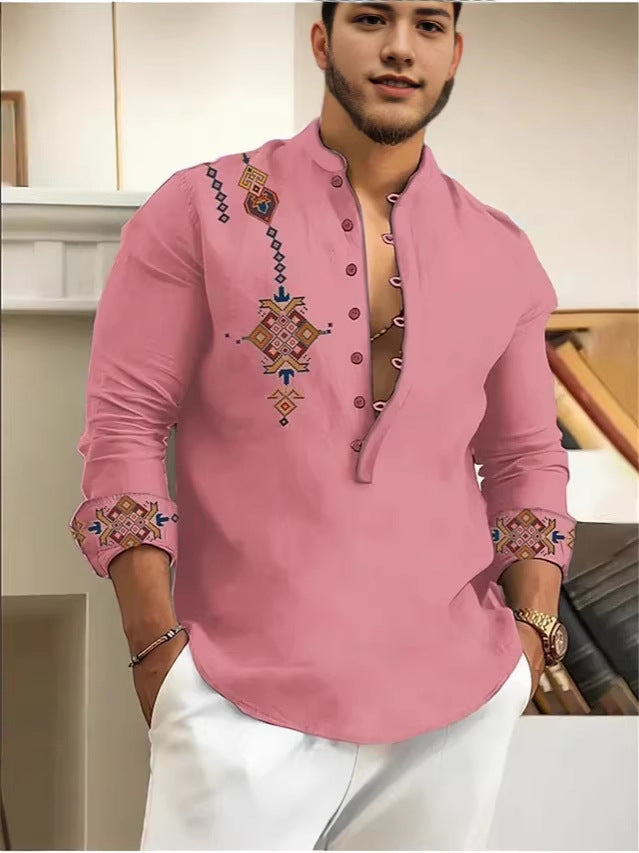 Men's Printed Stand Collar Cotton Linen Long Sleeve Shirt