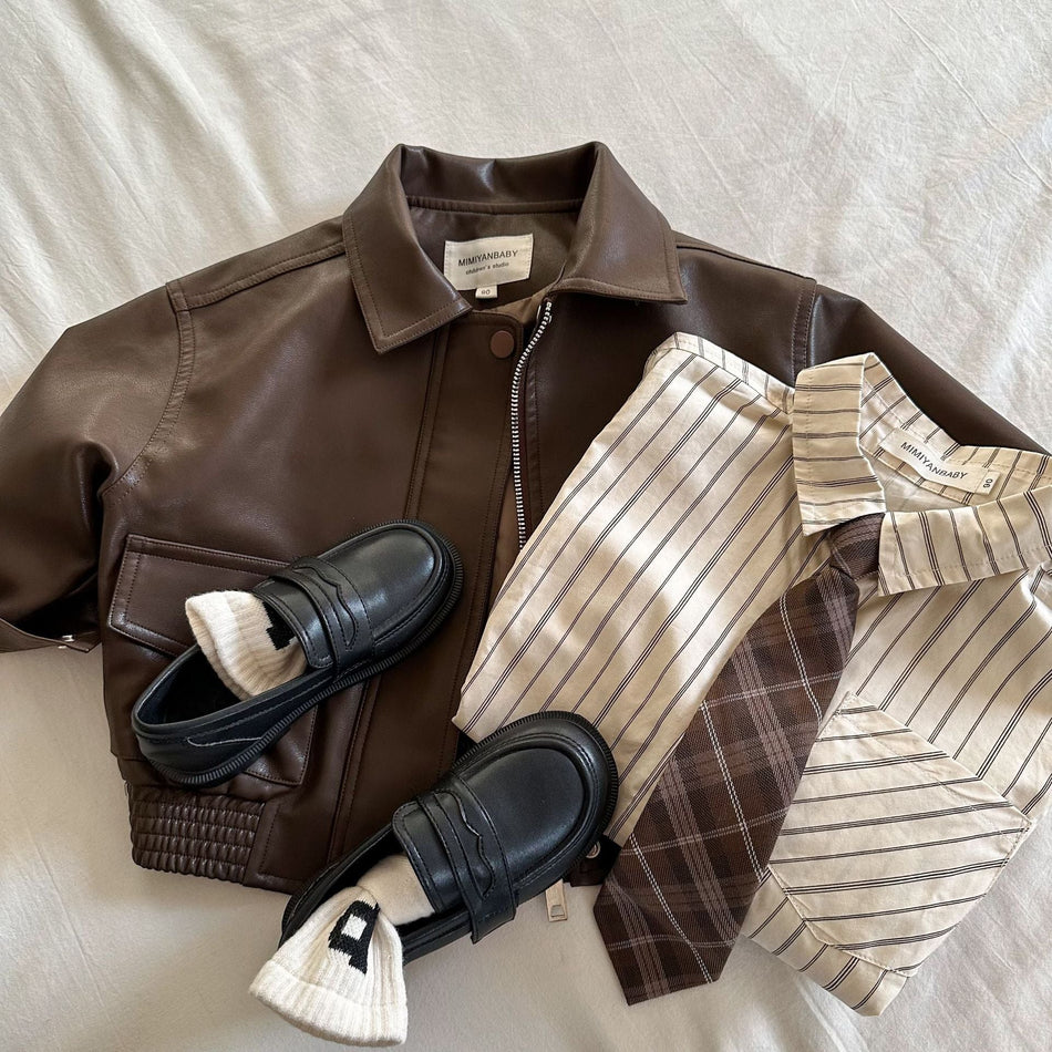 Kids' PU Leather Jacket Korean Style Lapel Collar Short Coat