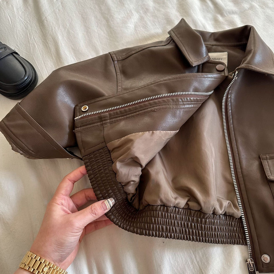 Kids' PU Leather Jacket Korean Style Lapel Collar Short Coat