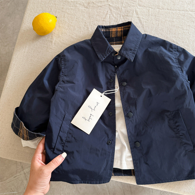 Kids' Cotton Plaid Jacket Korean Style Lapel Collar Autumn Coat