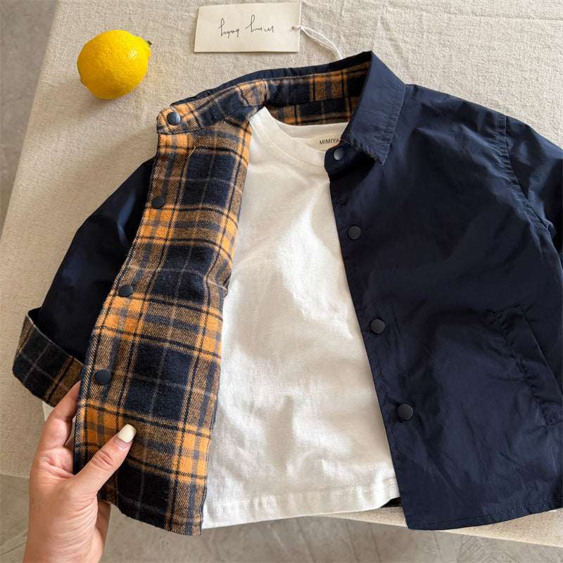 Kids' Cotton Plaid Jacket Korean Style Lapel Collar Autumn Coat