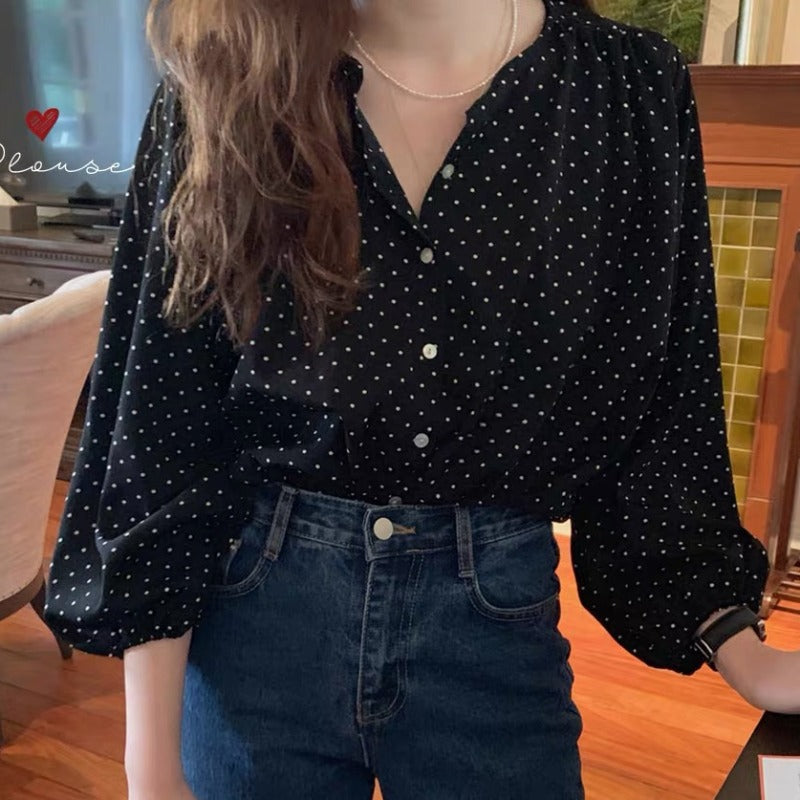 Women's Polka Dot Chiffon Shirt, Lantern Sleeve V-Neck Top