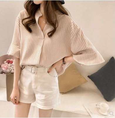 Women's Striped V-Neck Shirt, Loose Three-Quarter Sleeve Top