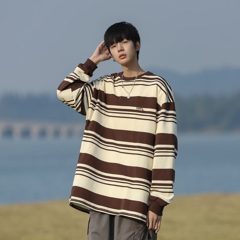 Unisex Cityboy Retro Striped Dropped Shoulder Long Sleeve Tee