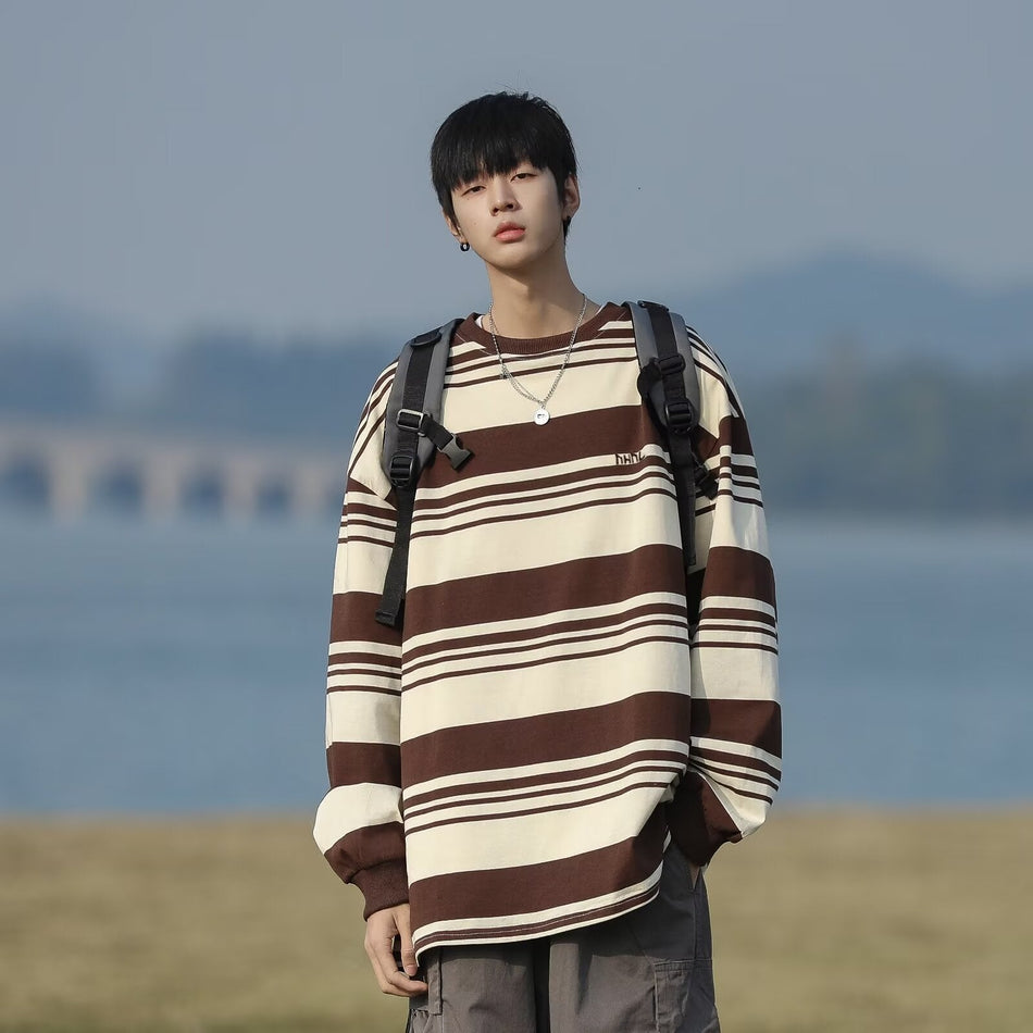 Unisex Cityboy Retro Striped Dropped Shoulder Long Sleeve Tee