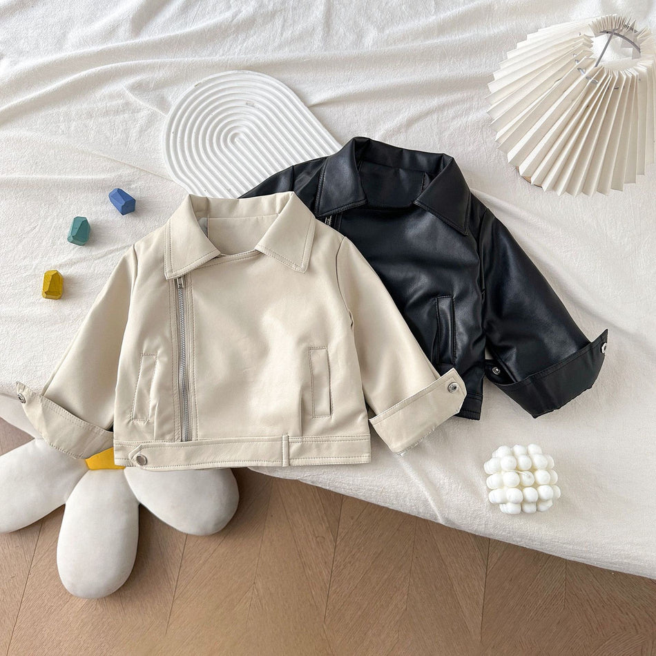 Kids' PU Leather Jacket, Korean-Style Zip-Up Jacket for Boys &