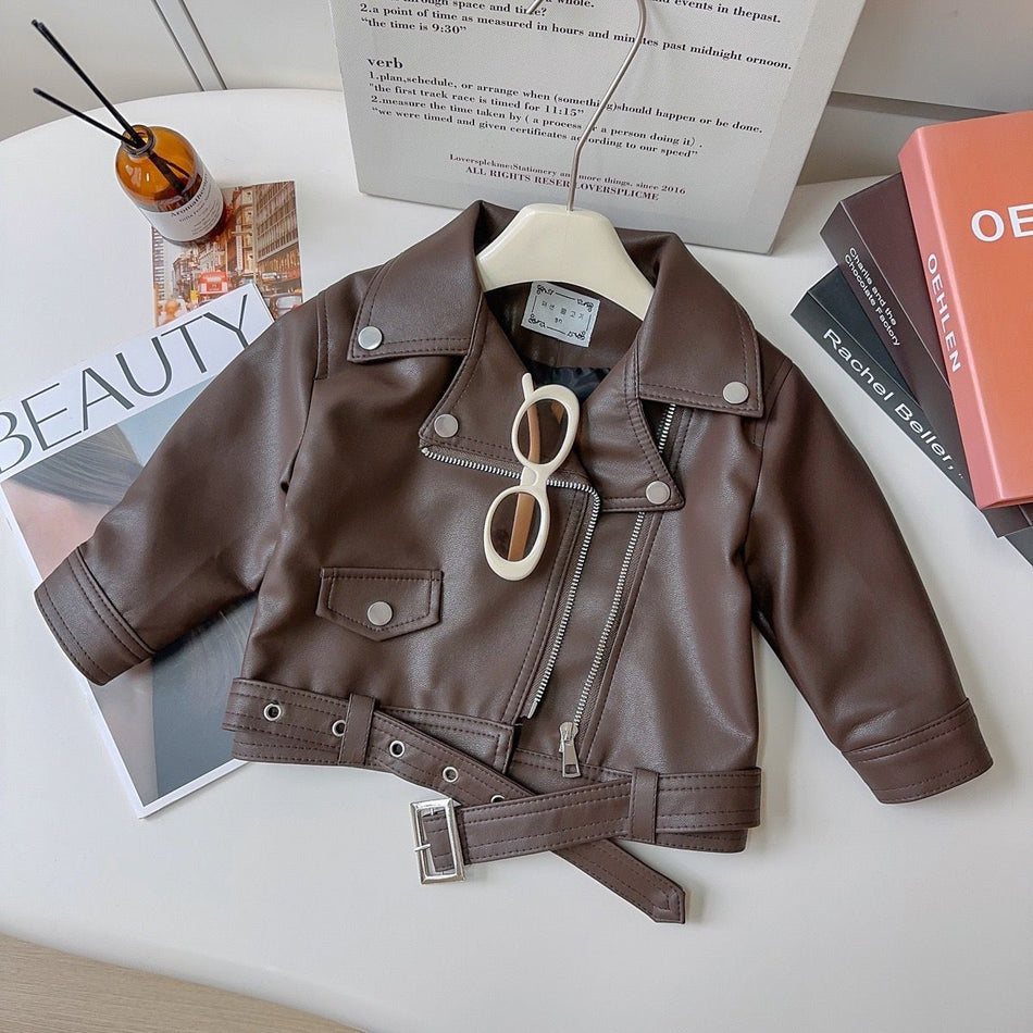 Girls' PU Leather Jacket, Korean-Style Belted Spring Autumn Coat