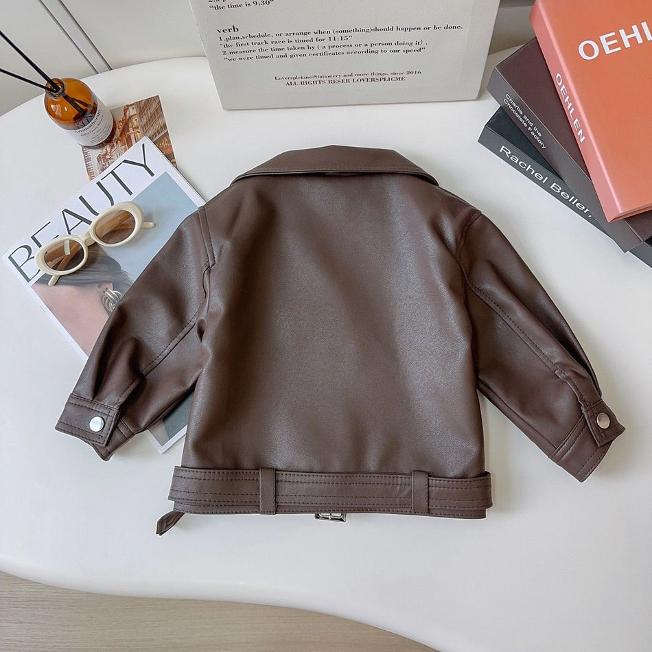 Girls' PU Leather Jacket, Korean-Style Belted Spring Autumn Coat