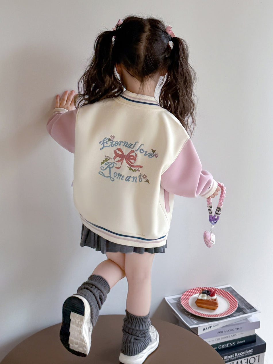 Girls' Cotton Blend Letter Jacket, Casual Spring Autumn Baseball
