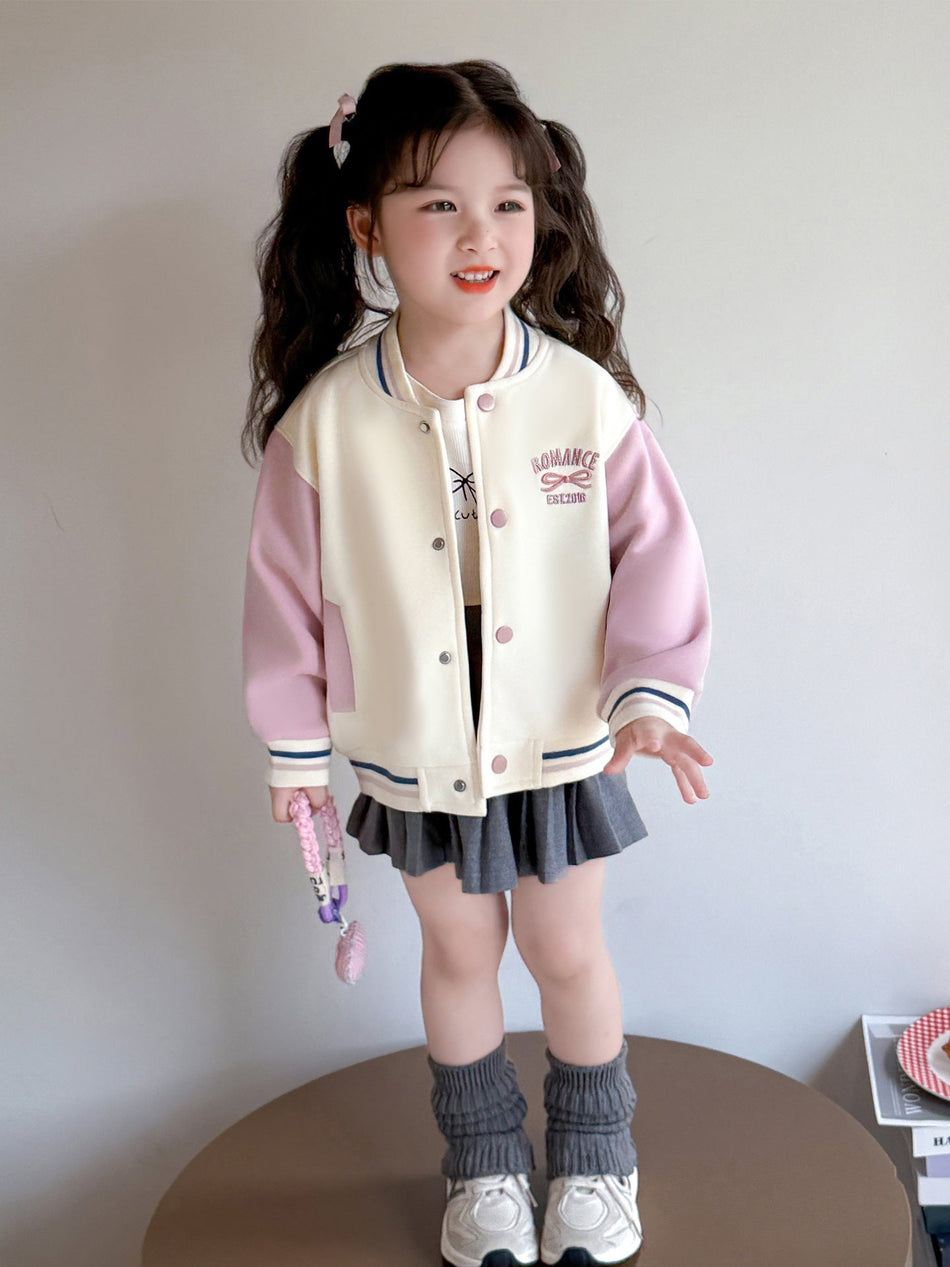 Girls' Cotton Blend Letter Jacket, Casual Spring Autumn Baseball
