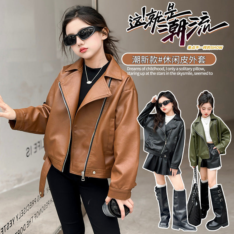 Girls' PU Leather Jacket, Korean-Style Motorcycle Spring Autumn